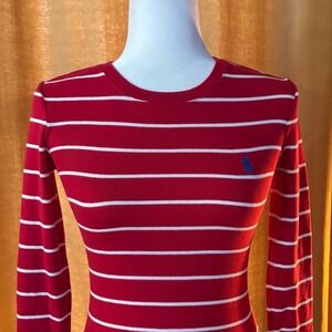 Vtg 90s Ralph Lauren Sport Red White Striped Long Sleeve Cotton Ribbed Top